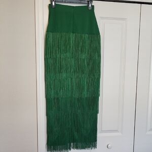 High-Waist Green Fringe Maxi Skirt